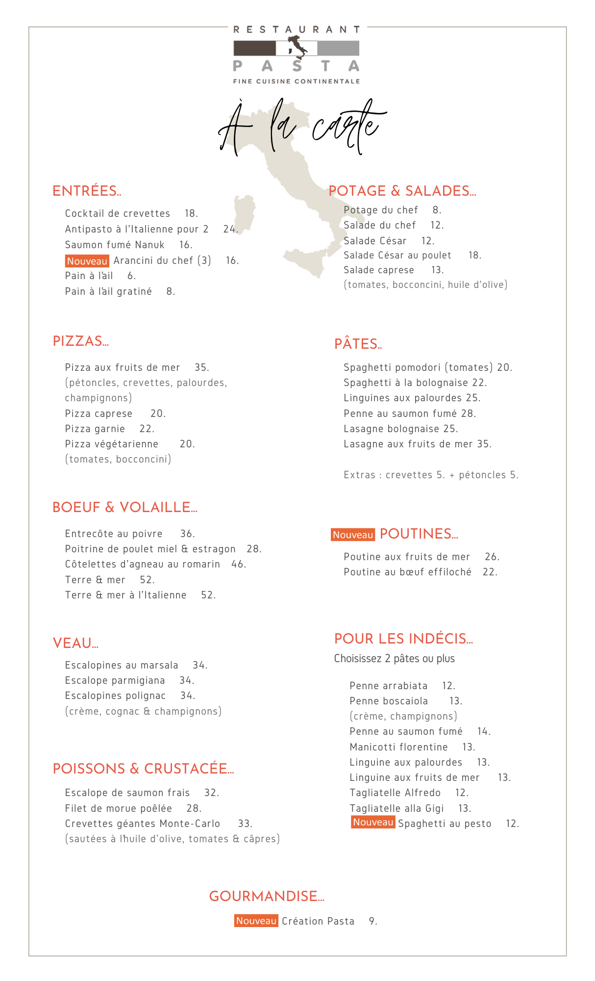 Notre Menu Restaurant Pasta à Sept-Îles | Cuisine Italienne